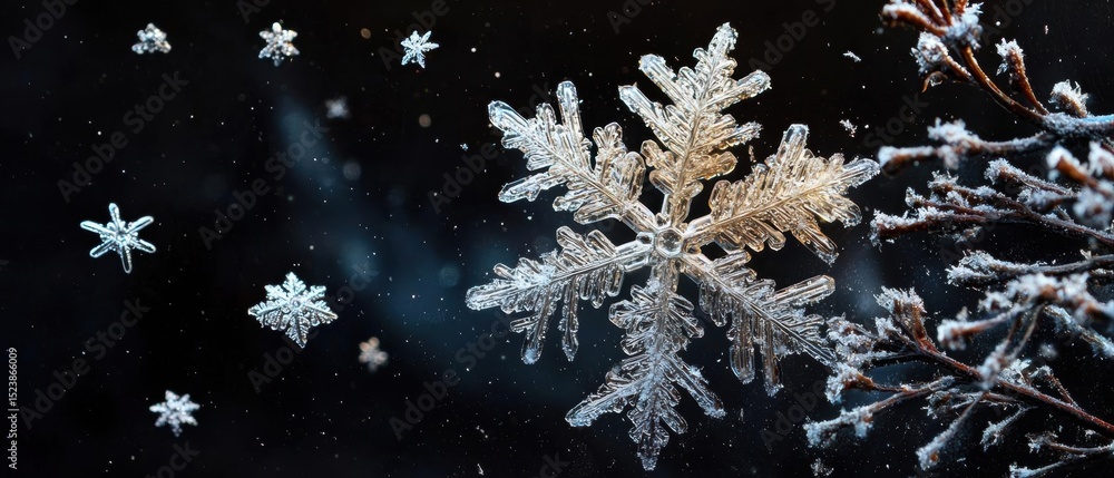 Poster close-up of a snowflake on a black background. the snowflake is in the center of the image, with its