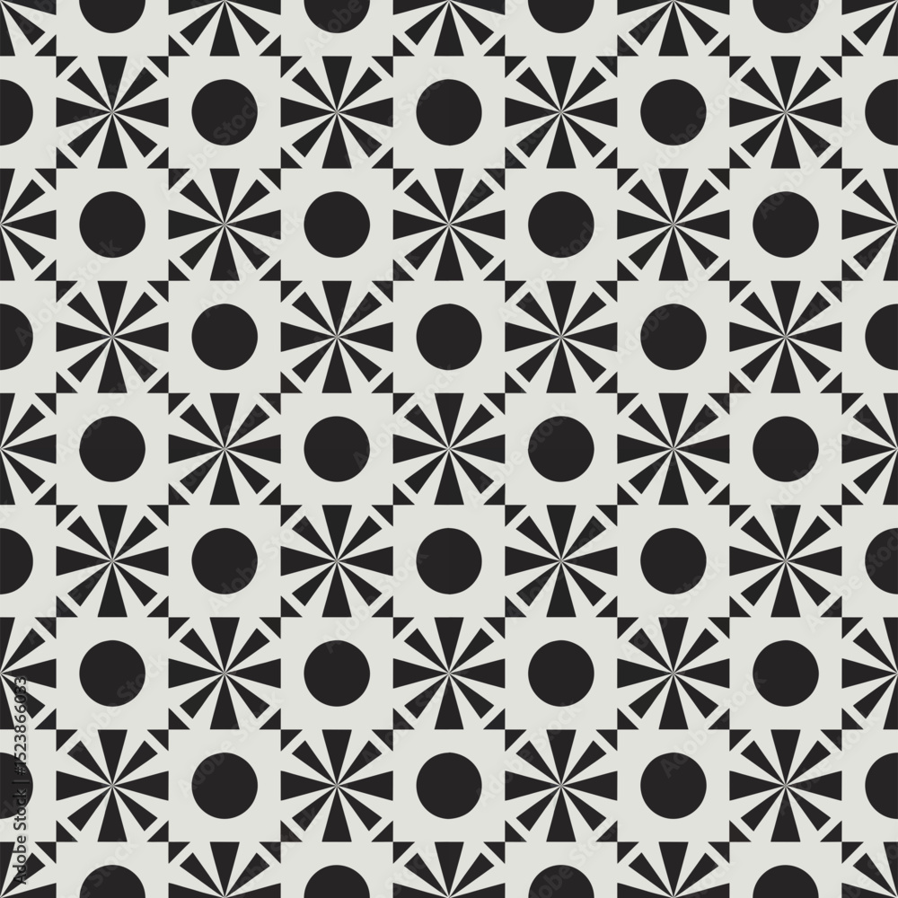 Poster abstract geometric pattern with black circles and radiating lines on a light gray background, concep