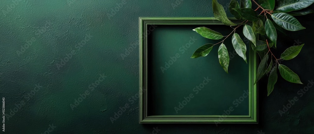 Poster flat lay of a green picture frame hanging on a dark green wall. the frame is made of wood and has a 