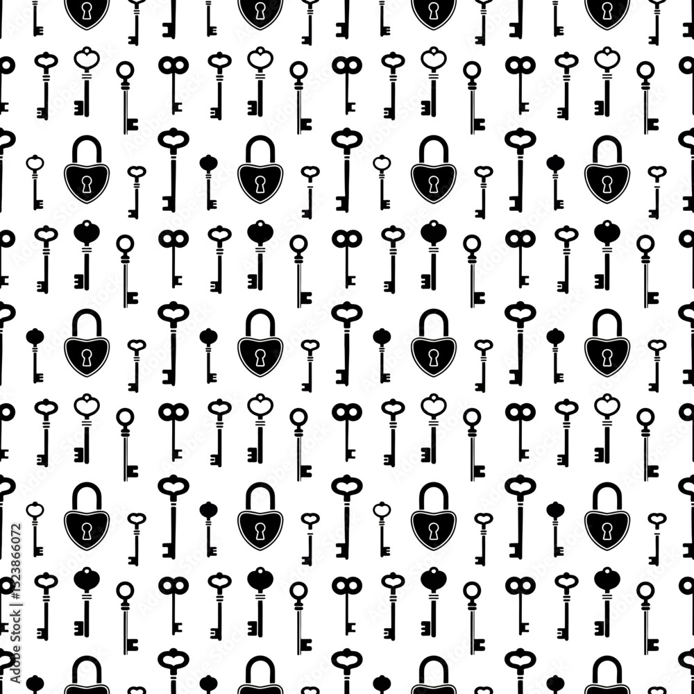 Poster seamless pattern of various keys and hearts on transparent background, concept for design template, 