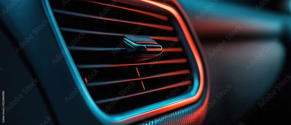 Poster close-up of the air conditioning vent in a car. the vent is black and has a sleek design with a curv