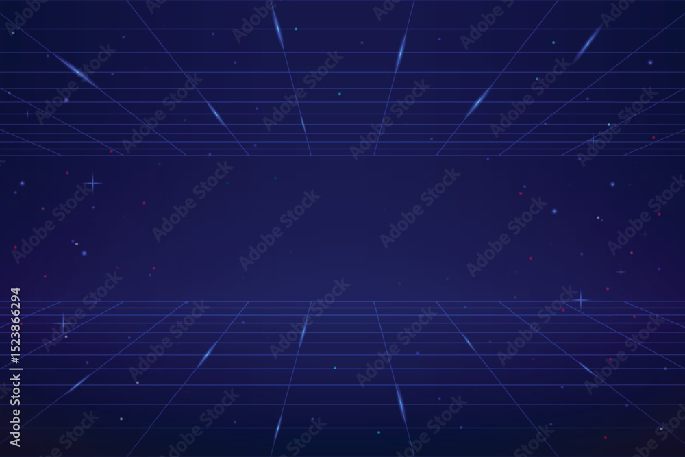 Poster retro cyberpunk style 80s game scene pixel art 8-bit sci-fi background. glowing neon grid and stars 