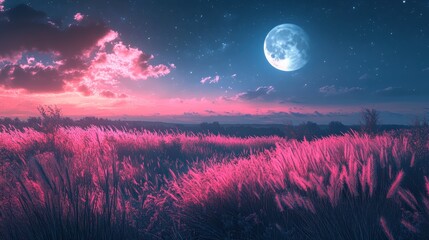 Full moon and Japanese pampas grass in midnight,The harvest Miscanthus sinensis and full moon,beautiful night sky in the countryside with the perfect pink moon exudes beauty in the dark.