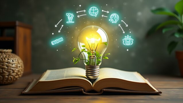 A glowing light bulb sprouting from an open book symbolizes creativity and knowledge, with vibrant icons of innovation above it.
