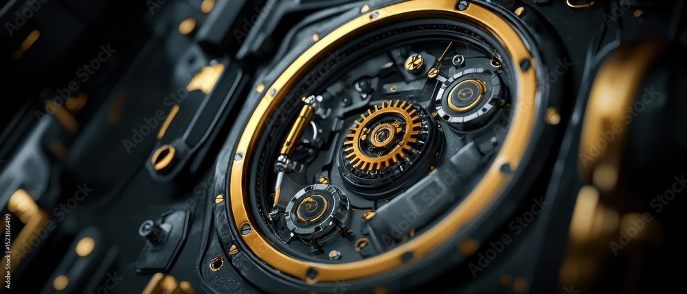 Poster close-up of a mechanical watch mechanism. the mechanism is circular in shape and has a black backgro