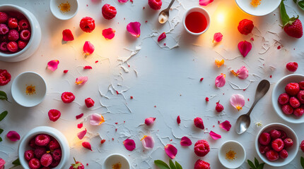 Raspberries in white bowls, surrounded by flower petals and spoons, arranged on a light background with empty central space for signatures,  food blogs, dessert menus, and culinary advertising