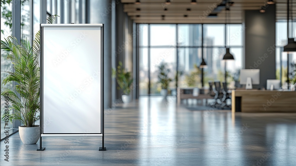 Poster White roll-up banner stand mockup in modern office setting with large windows and greenery