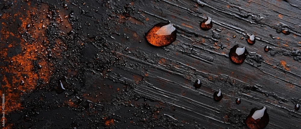 Fototapete close-up of a wooden surface with multiple droplets of water scattered across it. the droplets are o