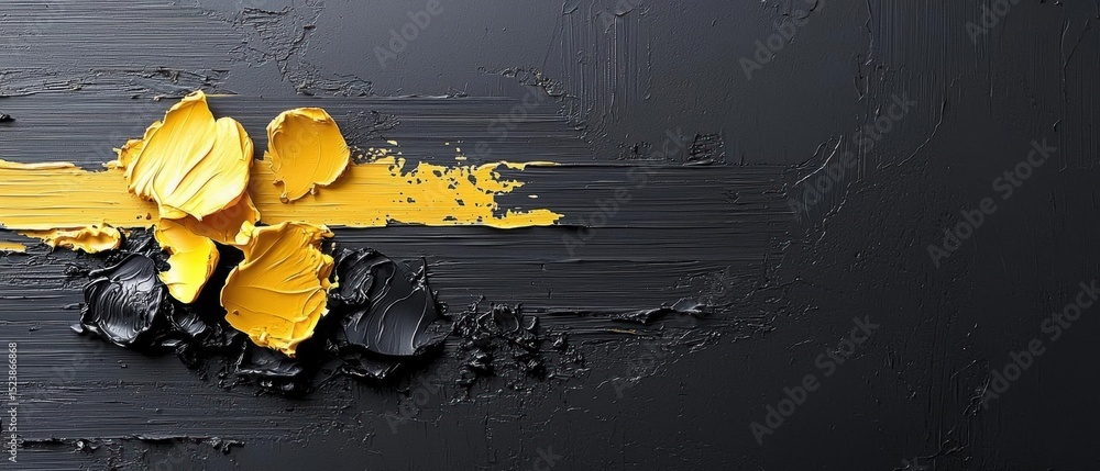 Poster close-up of a black surface with a yellow paint splatter on it. the paint is in the shape of a flowe