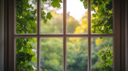Rain drop on window glass with blur nature tree background,Summer rain,Rain drops on window glass outdoors. Texture of water in heavy rain,Water drop steam,space for text.