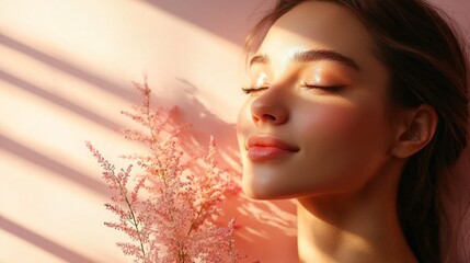 Fototapeta premium Woman enjoys the warmth of sunlight while holding a beautiful bouquet of flowers in a serene setting