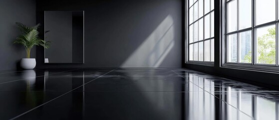 Empty room with large windows on the right side. the floor is made of black tiles and the walls are painted in a dark grey color.