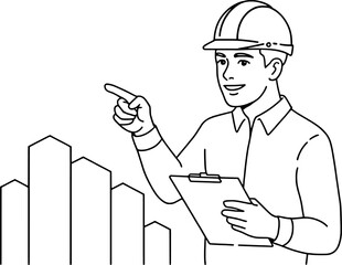 Construction worker pointing at cityscape building plan