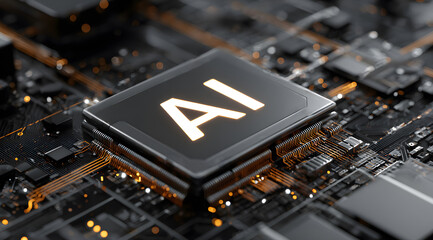 Abstract 3D image of glowing AI letters on top of a futuristic AI chip, captured in high-resolution with vibrant data lines symbolizing artificial intelligence and modern technology development