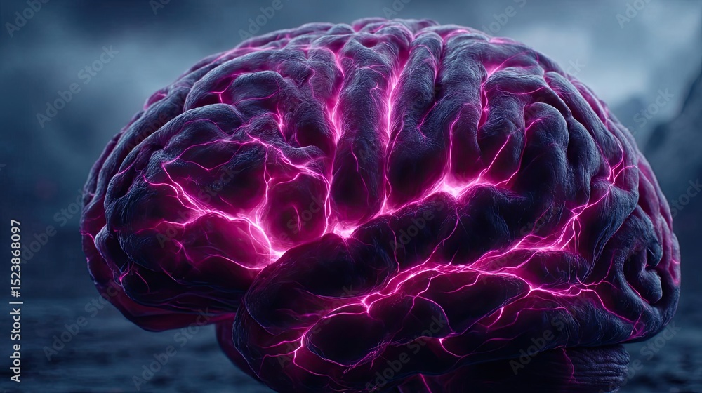 Poster Brain and emotion including fear and mental balance concept. A vibrant, abstract representation of brain activity and thought.