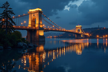Fototapeta premium Illuminated bridge reflecting in calm waters at dusk with a moody sky
