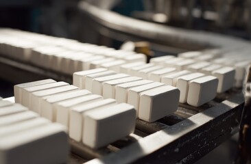 White chalks are neatly arranged on the production line. This scene conveys an atmosphere of commercial activities.