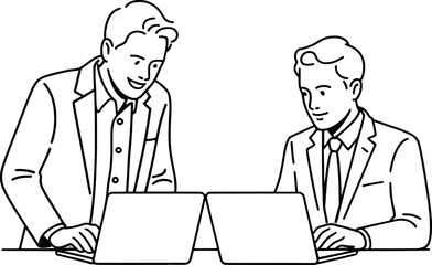 Two businessmen collaborating on laptops teamwork