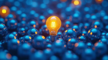 Yellow light bulb floats among blue reflections in a creative and vibrant setting, showcasing contrast and illumination against a dark background