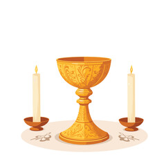 Elegant golden chalice with candles on minimalistic altar, illumination