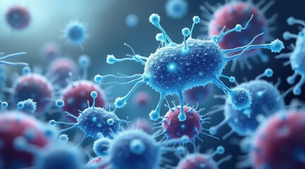 Microscopic view of colorful viruses in a digital illustration.