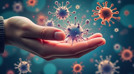 Hand holding floating virus particles in a colorful background.