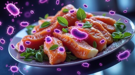 Fresh salmon fillet garnished with herbs and bacteria illustrations.
