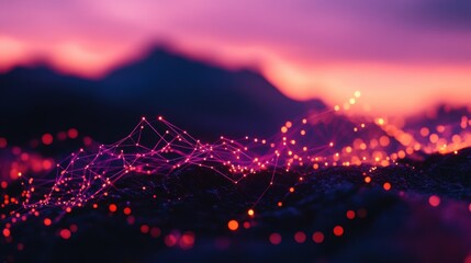 Abstract network of lights against a colorful sunset background.