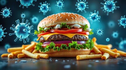 Juicy burger with fries surrounded by virus illustrations.