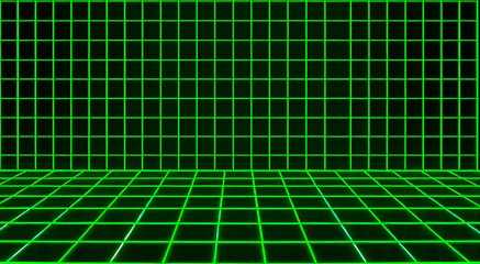 Futuristic 3D neon green grid background with glowing lines forming a virtual room. Perfect for sci-fi, gaming, or digital tech designs with a retro 80s cyber aesthetic
