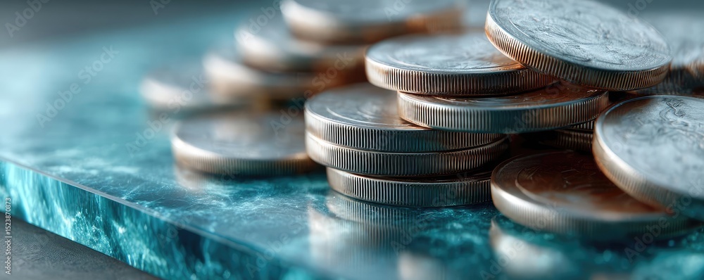 Poster saving money habits using debt control and planning concept. close-up of stacked coins on a reflecti