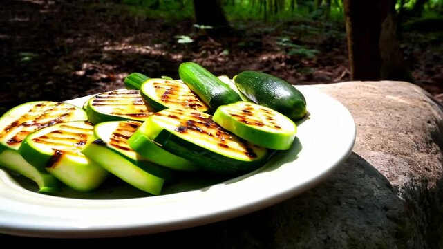 Green peppers, pickles, and grilled zus displayed on rocks in the woods.