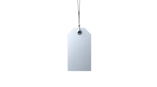 Blank white rectangular tag, suspended by a light-colored cord, against a black background - Powered by Adobe