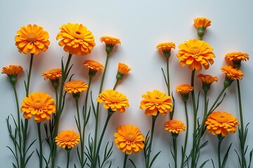 Fototapeta premium Marigold flowers with tails artistically arranged in flat-lay style, minimal design with smooth surface view, flowers pattern