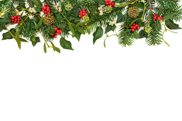 Traditional Christmas winter nature flora background border on white with holly red berries,...