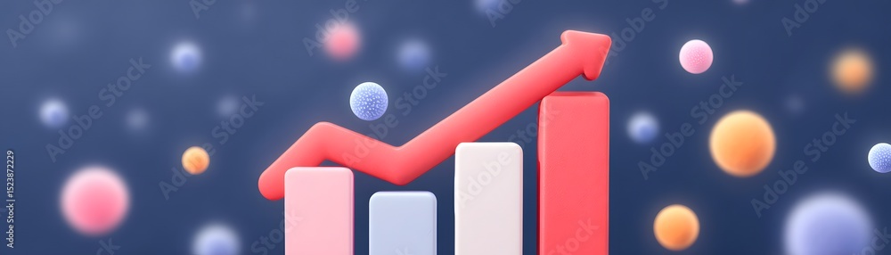Poster a stylized bar chart with an upward arrow, surrounded by colorful floating spheres on a dark backgro