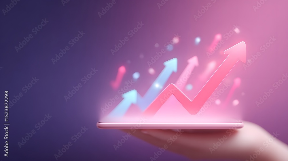 Poster a glowing smartphone projects upward arrows and a graph, symbolizing growth and progress in a digita