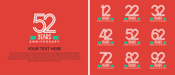 logo anniversary set. white color with green ribbon on orange background for special event