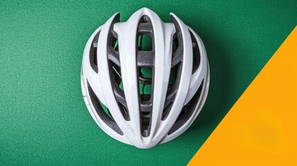 Pandemic Aftermath Concept. White Cycling Helmet on Green Background with Yellow Accent for Sports and Safety Imagery
