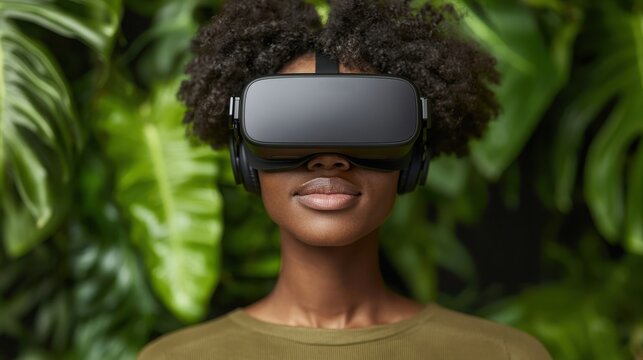 Pandemic Aftermath Concept. Woman Wearing Virtual Reality Headset Surrounded by Green Foliage and Tropical Plants - Powered by Adobe