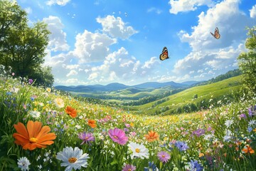 Wildflower Meadow in Spring with Vibrant Flowers and Butterflies Under a Clear Blue Sky