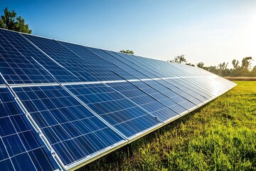 Solar Panels in a Vast Field Reflecting Clear Sky, Symbolizing Renewable Energy and Eco-Friendly Technology