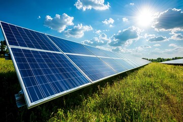 Solar Panels in a Vast Field Reflecting Clear Sky, Symbolizing Renewable Energy and Eco-Friendly Technology
