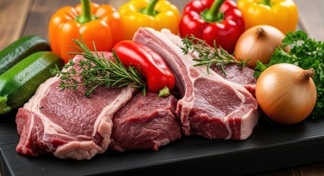 Fresh lamb chops and vegetables arranged on a dark cutting board.