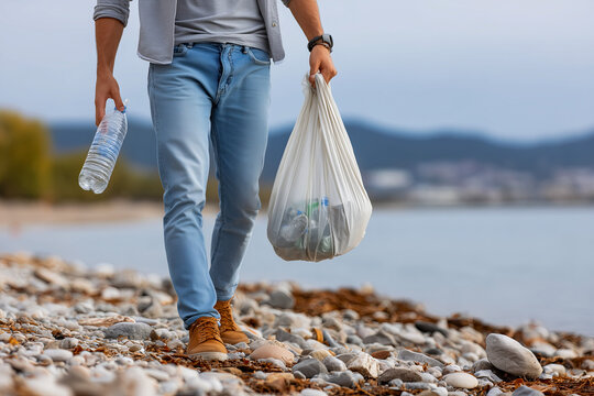 Young men picking plastic bottle into trash plastic bag for cleaning the beach,