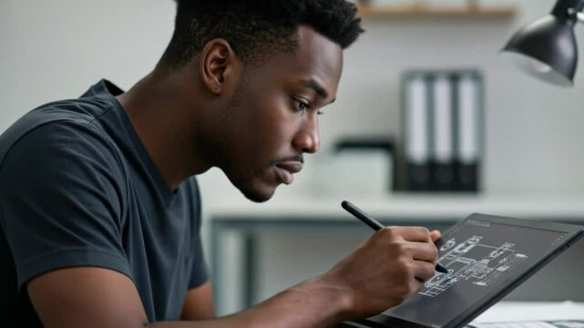 Architect designing floorplan using touchscreen tablet