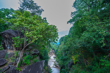 The beautiful scenery of the river valley surrounded by lush green forest, with towering rock formations like kissing cliffs and narrow bridges connecting the cliffs. Amazing kissing cliffs on river.