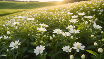 Blooming white wildflowers under golden sunlight — a perfect nature backdrop for wellness brands, eco-friendly campaigns, spring promotions, or floral-themed prints and products