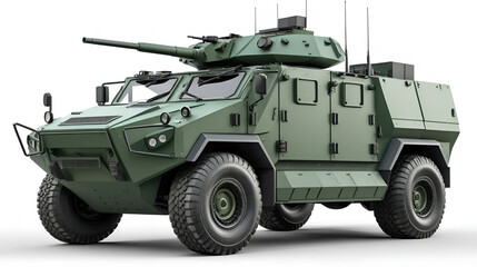 Modern military armored personnel carrier with tactical wheels, matte green paint, no background, high-detail 3D render