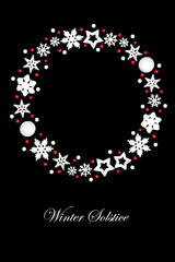 Winter Solstice Christmas wreath white bauble snowflake, star, ball shape decorations, symbolic mistletoe, holly berries on black. Festive garland design.